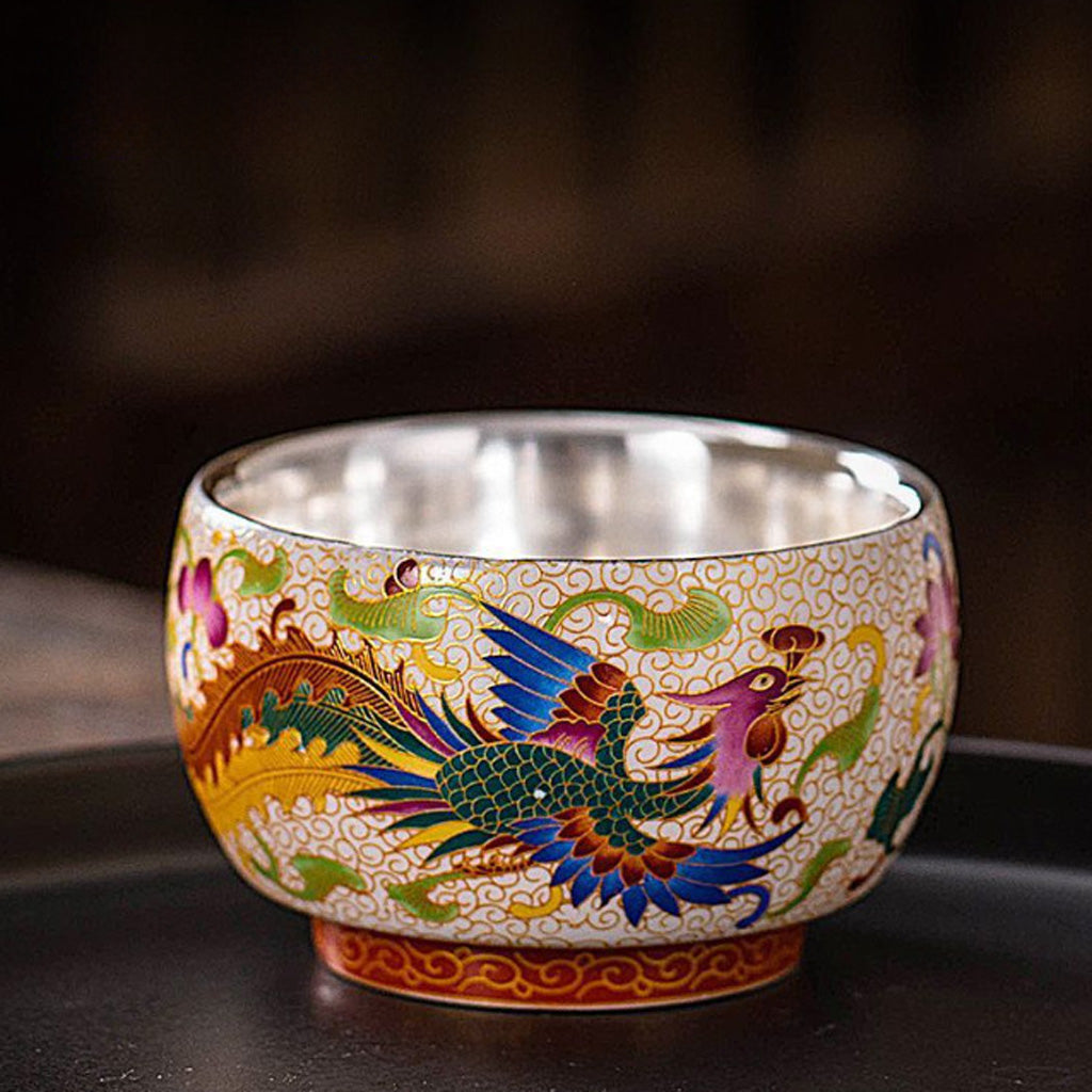 999 Silver Hammered Teacup – Dragon & Phoenix Design – Handcrafted Symbol of Strength and Harmony | Zen Ara Grove