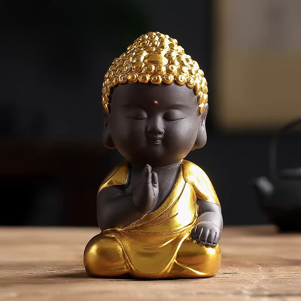 Mini Zen Buddha Statue – Handcrafted Purple Clay Ceramic with Golden Touch of Serenity | Zen Ara Grove