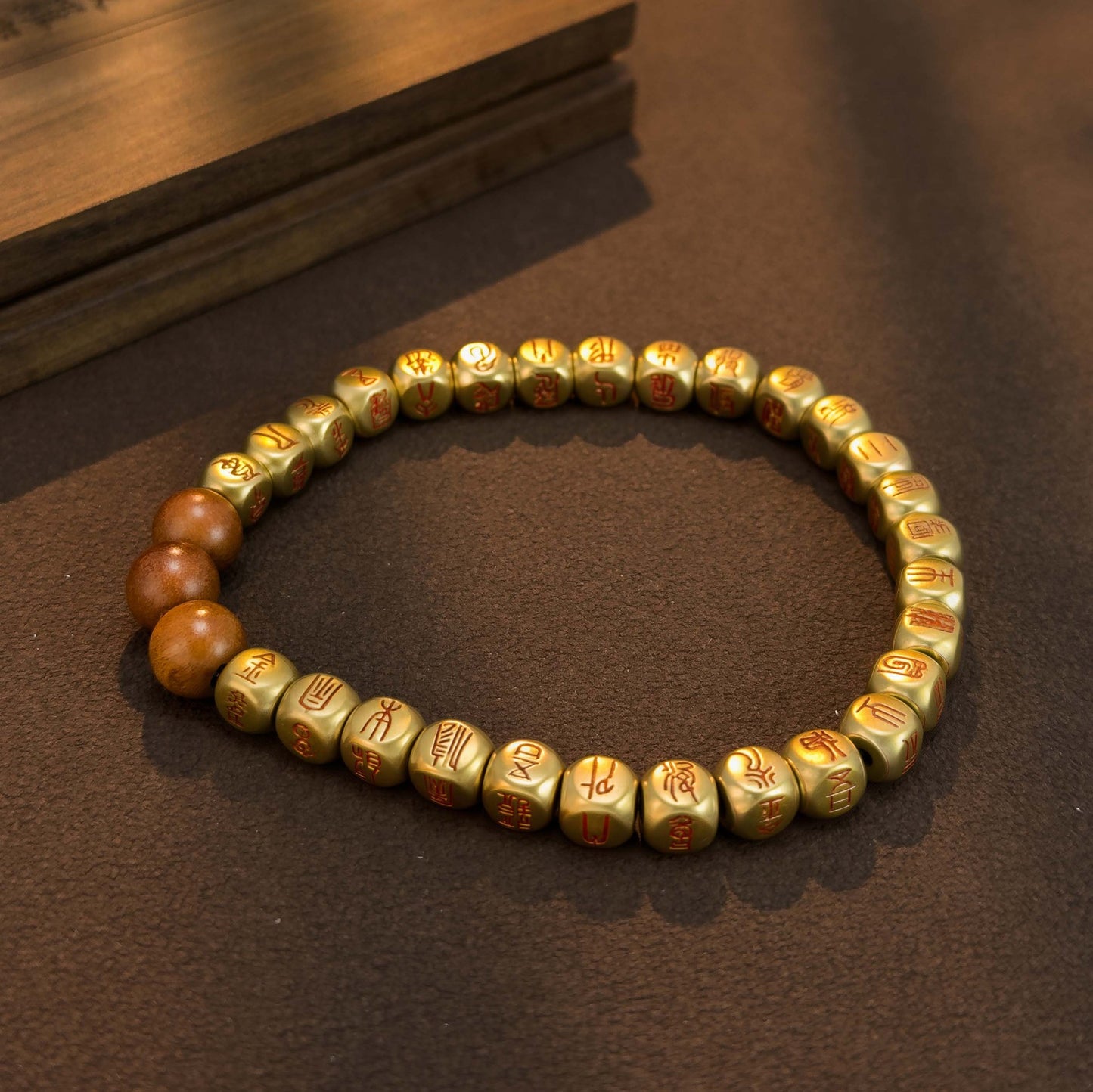 Golden Light Mantra Bracelet – Daoist Red Cinnabar Script Beads | Zen Ara Grove
