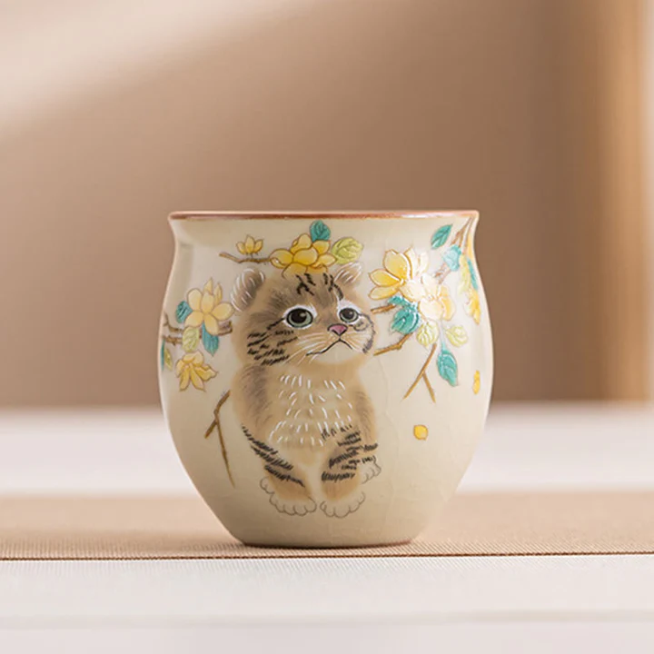 Cute Cat Yellow Flowers Rabbit Teacup Kung Fu Tea Cup  | Zen Ara Grove