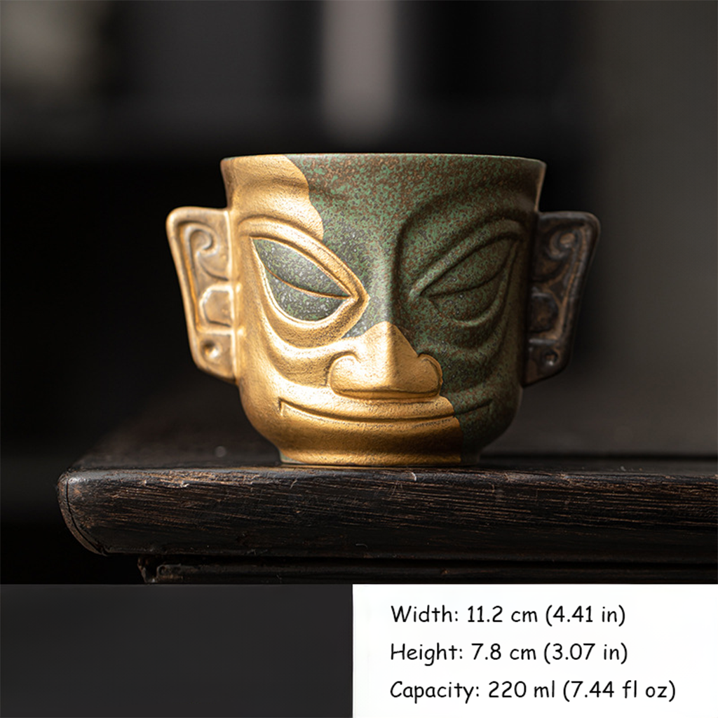 Sanxingdui Gold Mask Ceramic Teacup – Inspired Heritage Drinkware | Zen Ara Grove