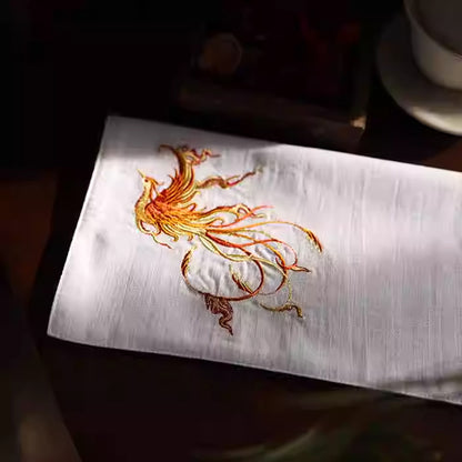 Double‑Layer Cotton Handkerchief – Hand‑Embroidered Phoenix Symbolizing Grace and Renewal | Zen Ara Grove