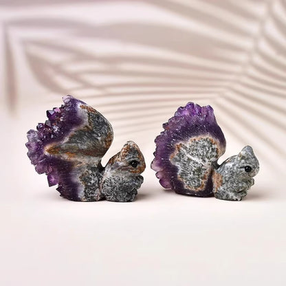 Hand-Carved Squirrel on Natural Amethyst Cluster – Symbol of Energy and Joy | Zen Ara Grove