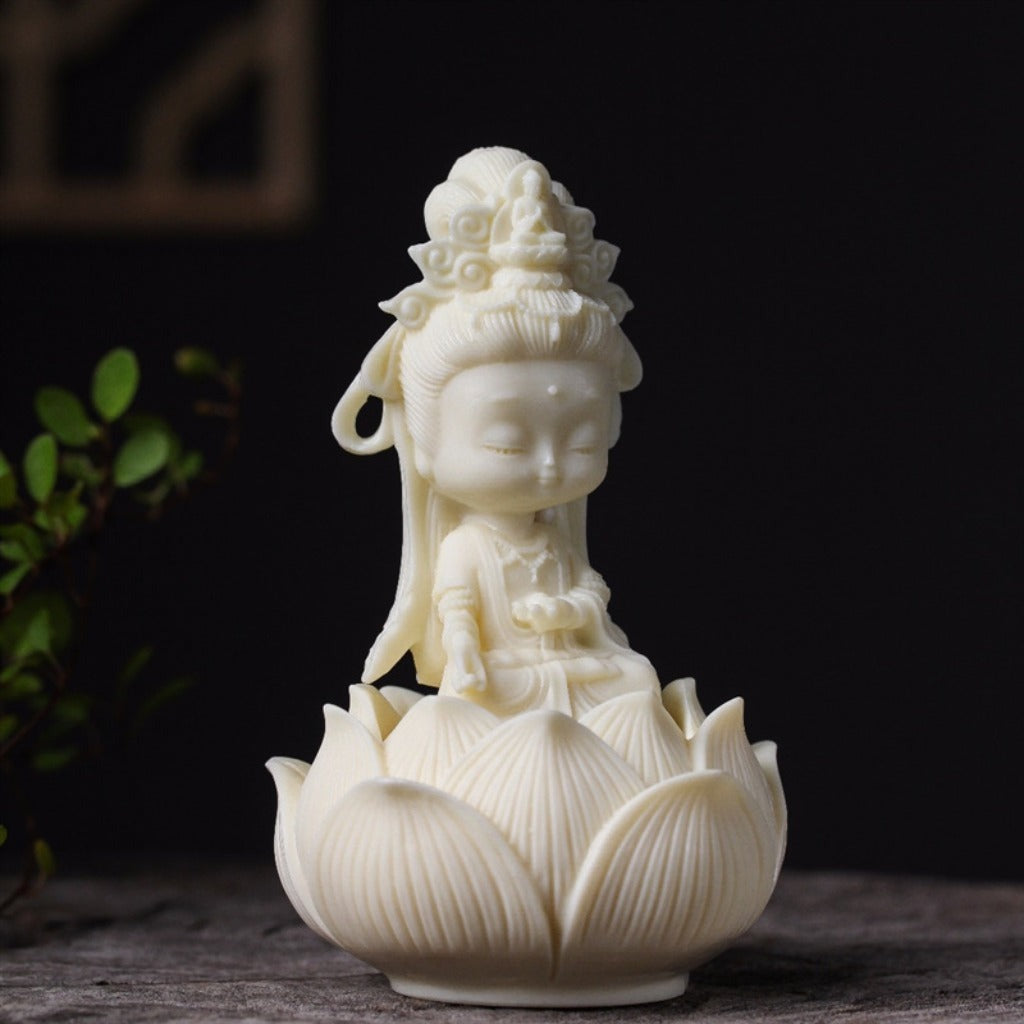Hand-Carved Tagua Guanyin Statue with Lotus Base – Symbol of Compassion, Blessings & Peace | Zen Ara Grove