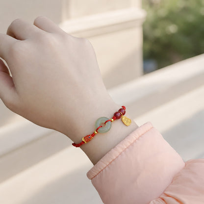 Natural Hetian Jade Peace Buckle Bracelet with Cinnabar and Koi Detail — Protection & Prosperity