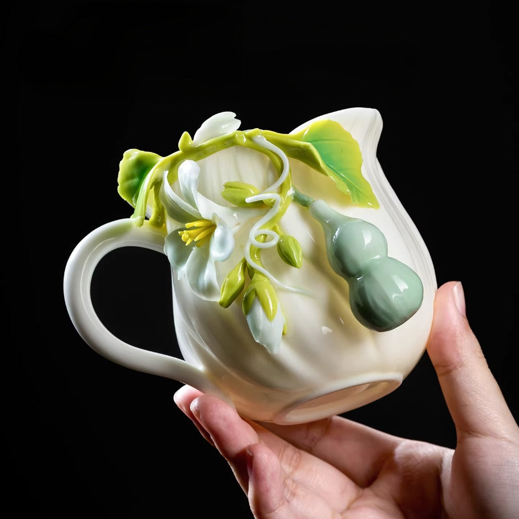 Handcrafted Ceramic Cup with Gourd Blossom – Living Art on Your Teacup | Zen Ara Grove