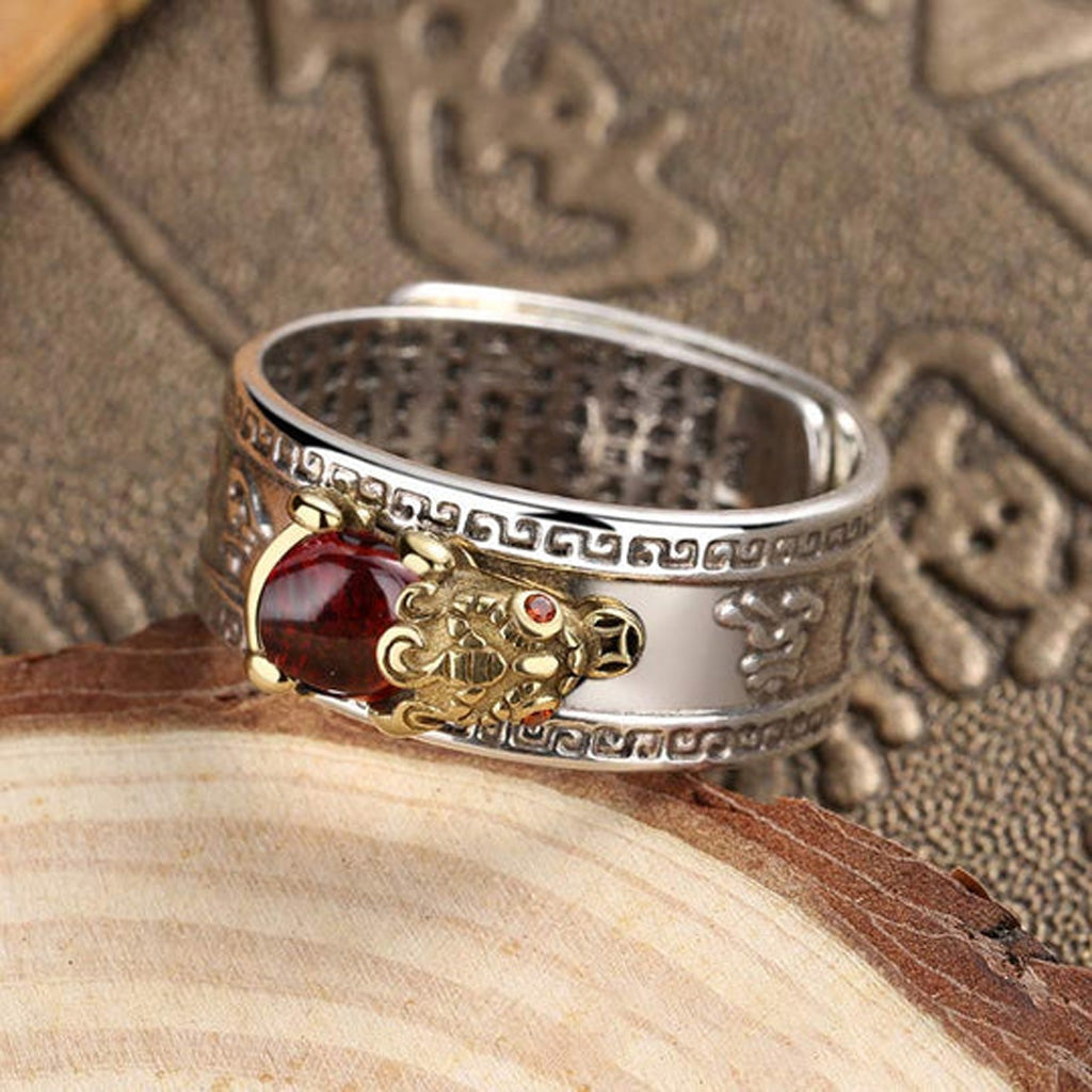 Garnet Pixiu Heart Sutra Adjustable Ring with Cloud Motif Minimalist Style for Wealth and Good Luck | Zen Ara Grove