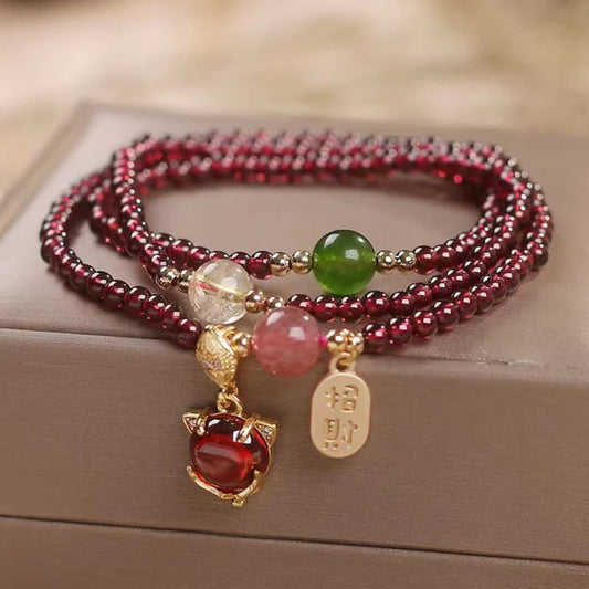 Elegant Garnet & Strawberry Quartz Fox Bracelet – Multi‑Loop Design | Zen Ara Grove