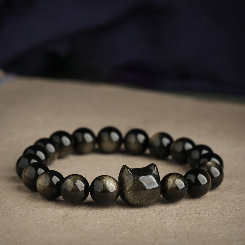 TODAY ONLY! Black Obsidian and Sheen Beads Bracelet Featuring Adorable Cat Head Charm | Zen Ara Grove