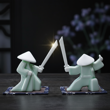 Kung Fu Zen Ceramic Incense Holder – Martial Artist Duel Figurine | Zen Ara Grove