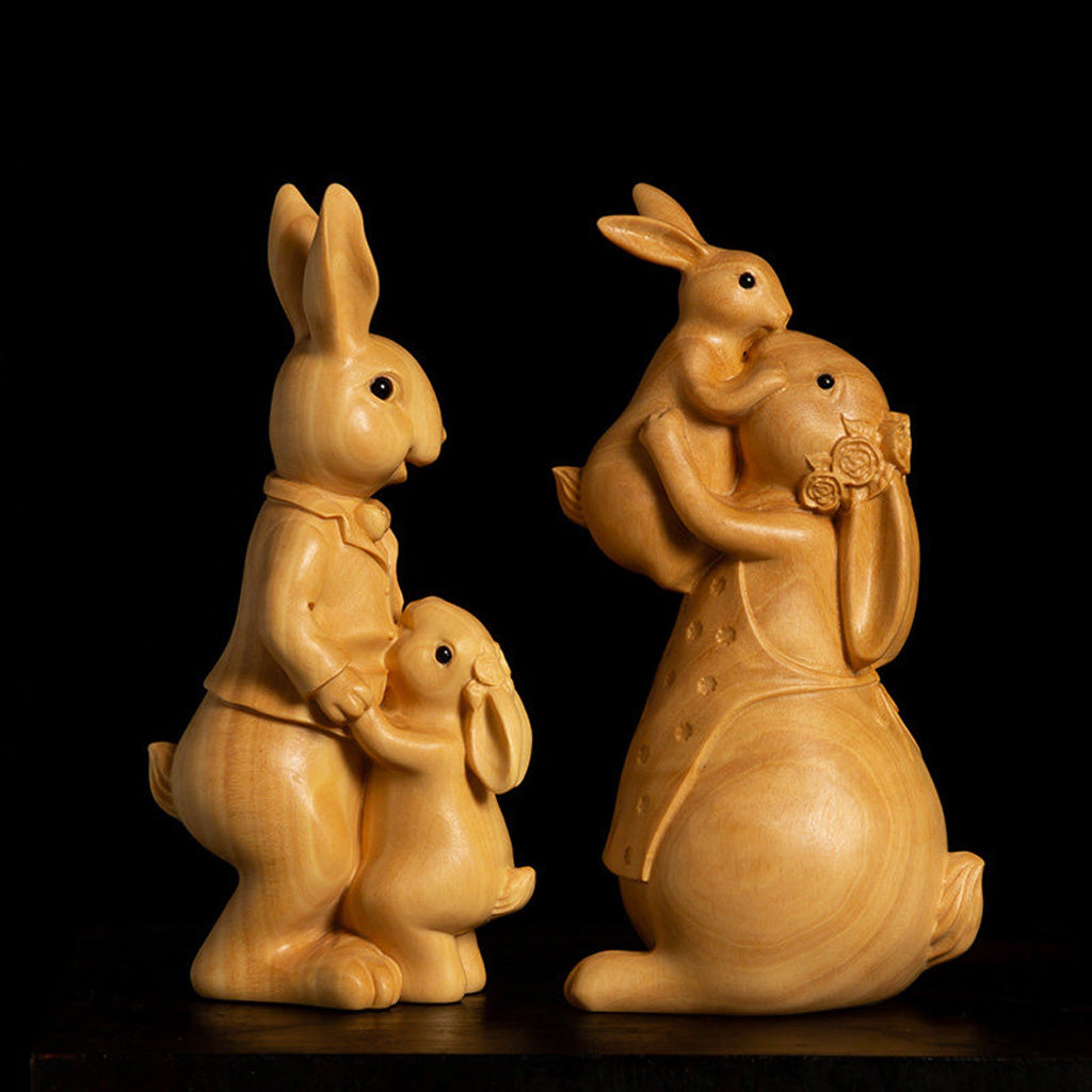Boxwood Family Bunny Wood Sculpture – Symbol of Love & Blessing | Zen Ara Grove