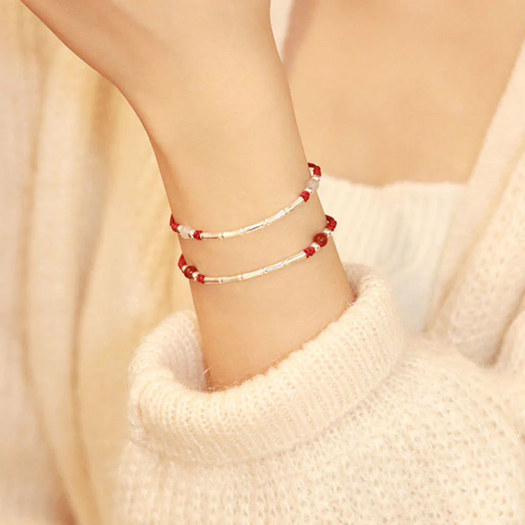 Adjustable S925 Sterling Silver Bamboo Bracelet with Agate
