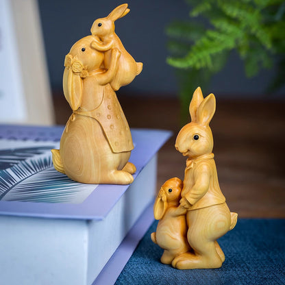 Boxwood Family Bunny Wood Sculpture – Symbol of Love & Blessing | Zen Ara Grove