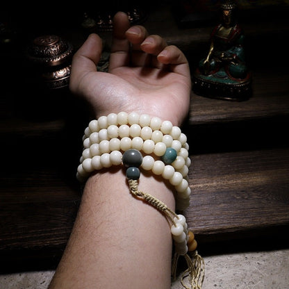 White Jade Bodhi Root 108 Bead Lotus Prayer Bracelet | Zen Ara Grove