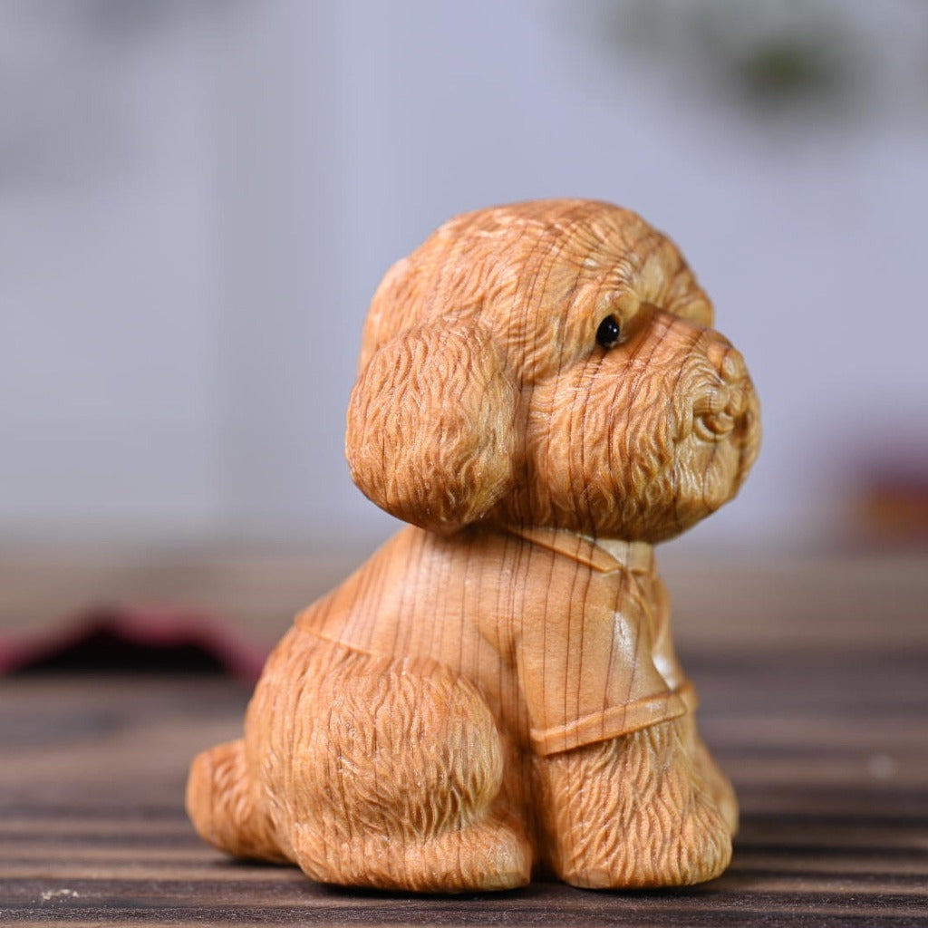 Hand-Carved Aromatic Cypress Teddy Dog Figurine – Artisan Wooden Desk Accent with Natural Scent | Zen Ara Grove
