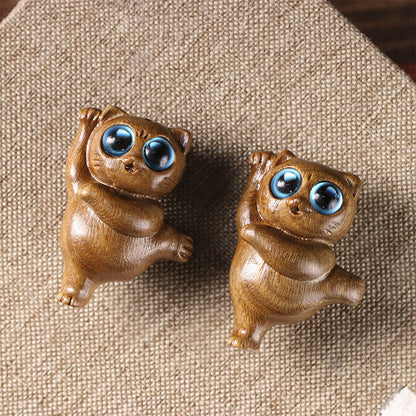 Mini Green Sandalwood Dancing Cat Engraved Positive Desk Decorations | Zen Ara Grove