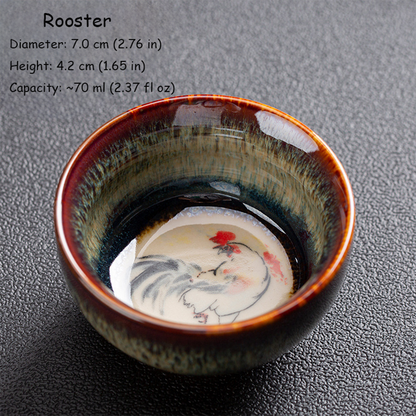 Handcrafted Kiln‑Change Ceramic Teacup with Zodiac Animal Motifs for Good Fortune | Zen Ara Grove