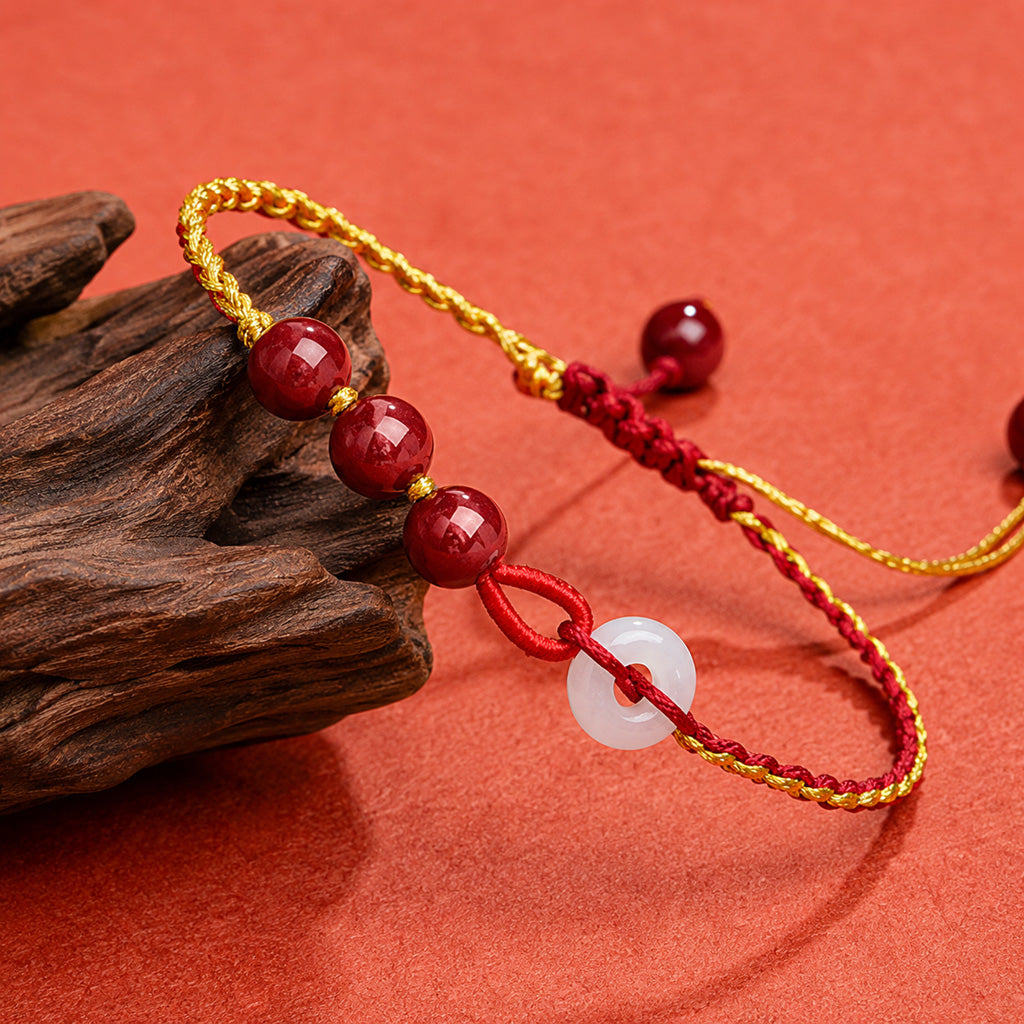 Adjustable White Jade Peace Buckle Bracelet with Cinnabar Beads — Peace & Protection