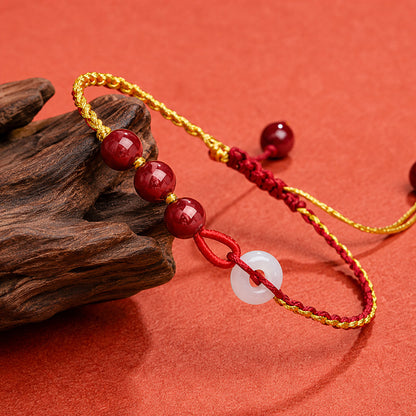 Adjustable White Jade Peace Buckle Bracelet with Cinnabar Beads — Peace & Protection