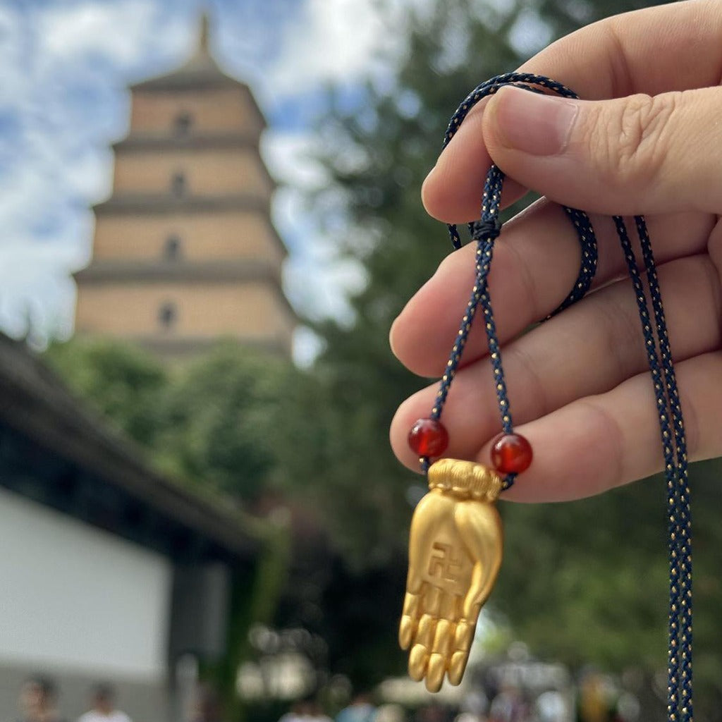Handcrafted Blue Cord Buddha Palm Necklace – Vow Gesture for Compassion & Fearless Gesture for Courage | Zen Ara Grove