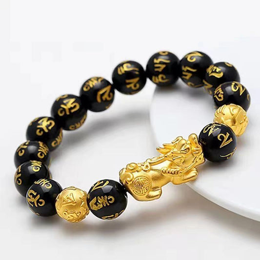 Mythic Guardian Cuff: Black Onyx & Gold PiXiu Sculpture Bracelet