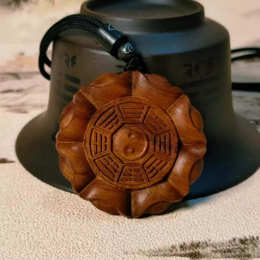 Wearable Daoist Ritual Pendant – Lightning-Struck Wood Carving of Sycee and Taiji-Bagua | Zen Ara Grove