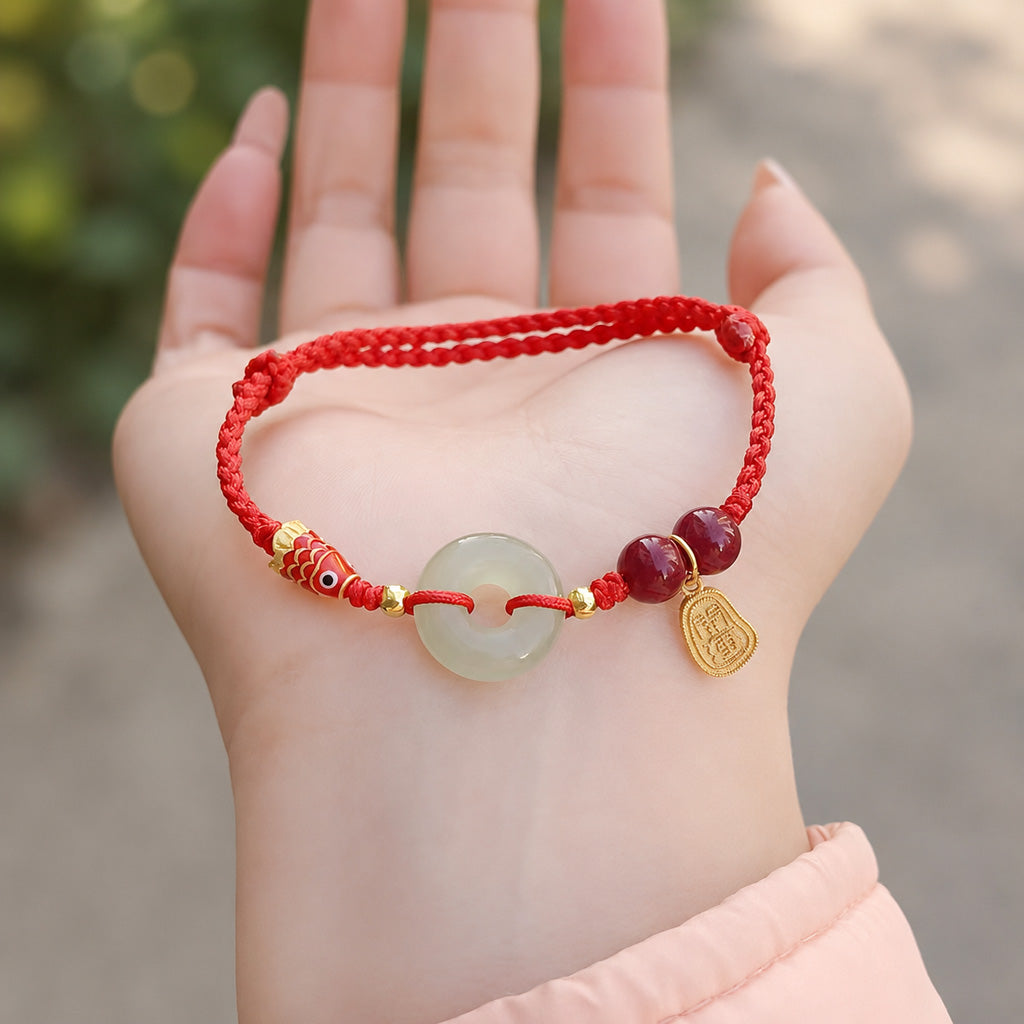 Natural Hetian Jade Peace Buckle Bracelet with Cinnabar and Koi Detail — Protection & Prosperity