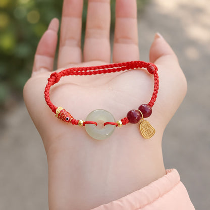 Natural Hetian Jade Peace Buckle Bracelet with Cinnabar and Koi Detail — Protection & Prosperity