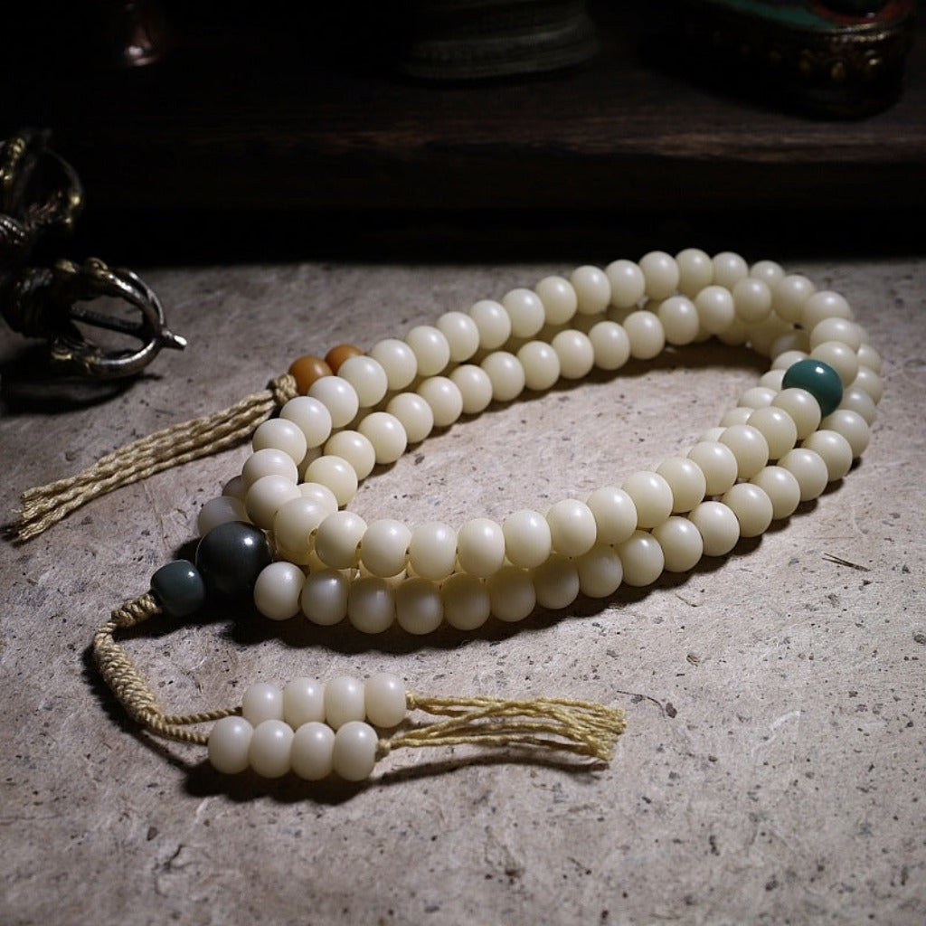 White Jade Bodhi Root 108 Bead Lotus Prayer Bracelet | Zen Ara Grove