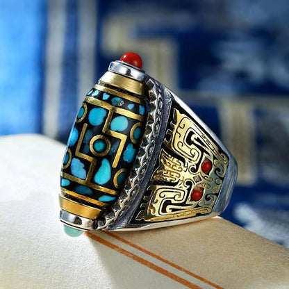 Spinning Mantra Ring - Rotating Prayer Bead with Turquoise & Guardian Beast