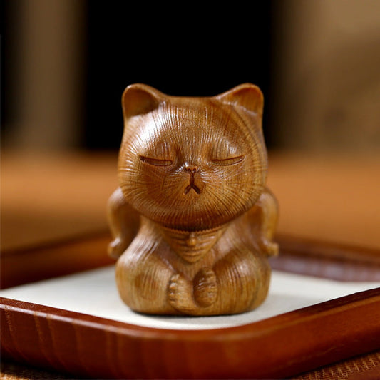 Small Mini Green Sandalwood Lucky Cat Carved Soothing Decorations | Zen Ara Grove