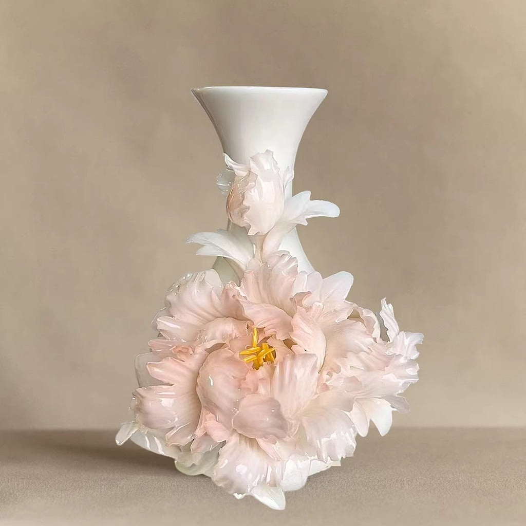 Handcrafted Heritage Ceramic Peony Vase – Blossoms Growing from the Surface | Zen Ara Grove