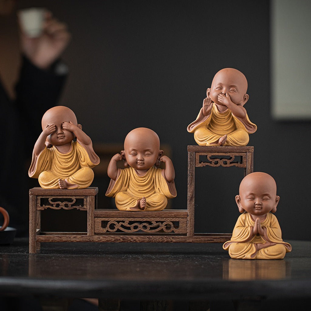Handcrafted Ceramic "Four-Nos" Monk Statues – Symbol of Inner Calm & Thoughtful Living | Zen Ara Grove