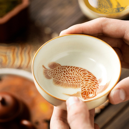 Oriental Ru Kiln Pu-er Cup – Handcrafted Porcelain with Silver Scale Glaze and Dragon Pattern | Zen Ara Grove