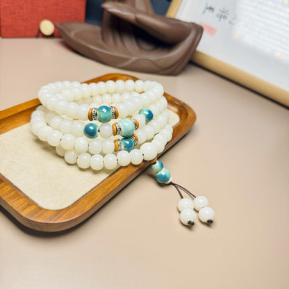 White Jade Bodhi Root 108 Bead Lotus Prayer Bracelet | Zen Ara Grove