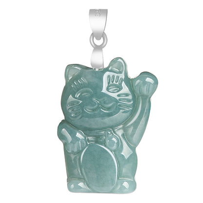 925 Sterling Silver Natural Jade Lucky Cat Abundance Necklace Pendant  | Zen Ara Grove