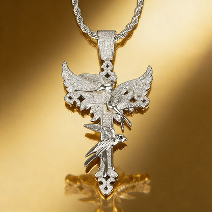 Full Diamond Peace Dove Cross Pendant Necklace – Symbol of Faith and Harmony | Zen Ara Grove