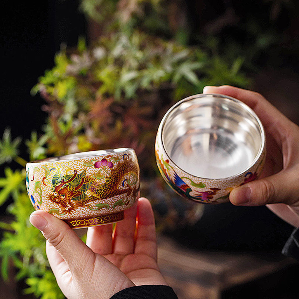 999 Silver Hammered Teacup – Dragon & Phoenix Design – Handcrafted Symbol of Strength and Harmony | Zen Ara Grove