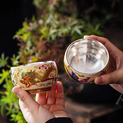 999 Silver Hammered Teacup – Dragon & Phoenix Design – Handcrafted Symbol of Strength and Harmony | Zen Ara Grove