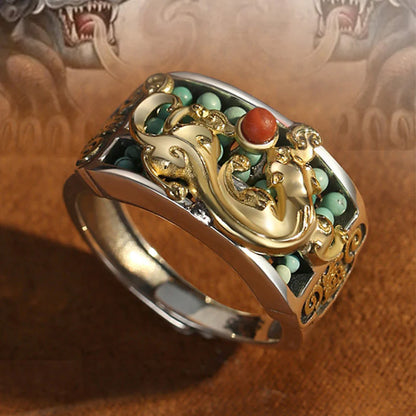 S925 Sterling Silver Adjustable Pixiu Ring with Turquoise & Abacus Motif – Hand-Carved Fortune Jewelry | Zen Ara Grove