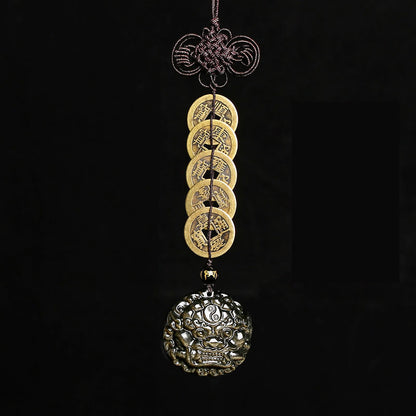 Guardian Beast & Fortune Coins – Gold Obsidian Pendant | Zen Ara Grove