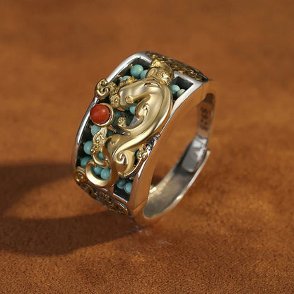 S925 Sterling Silver Adjustable Pixiu Ring with Turquoise & Abacus Motif – Hand-Carved Fortune Jewelry | Zen Ara Grove
