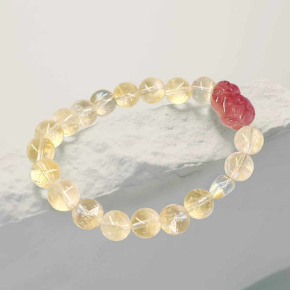Hand‑Carved Strawberry Quartz Pixiu with Citrine Beads — Meaning of Wealth & Positive Flow | Zen Ara Grove
