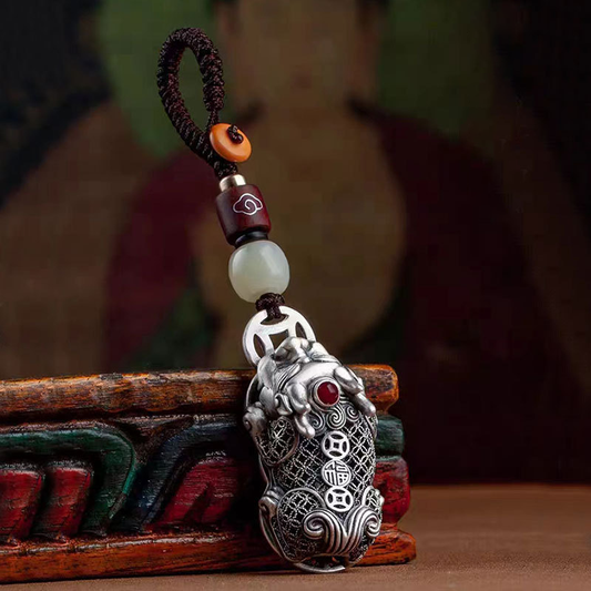 Pixiu Wealth-Attracting Keychain with Gem-Encrusted Silver
