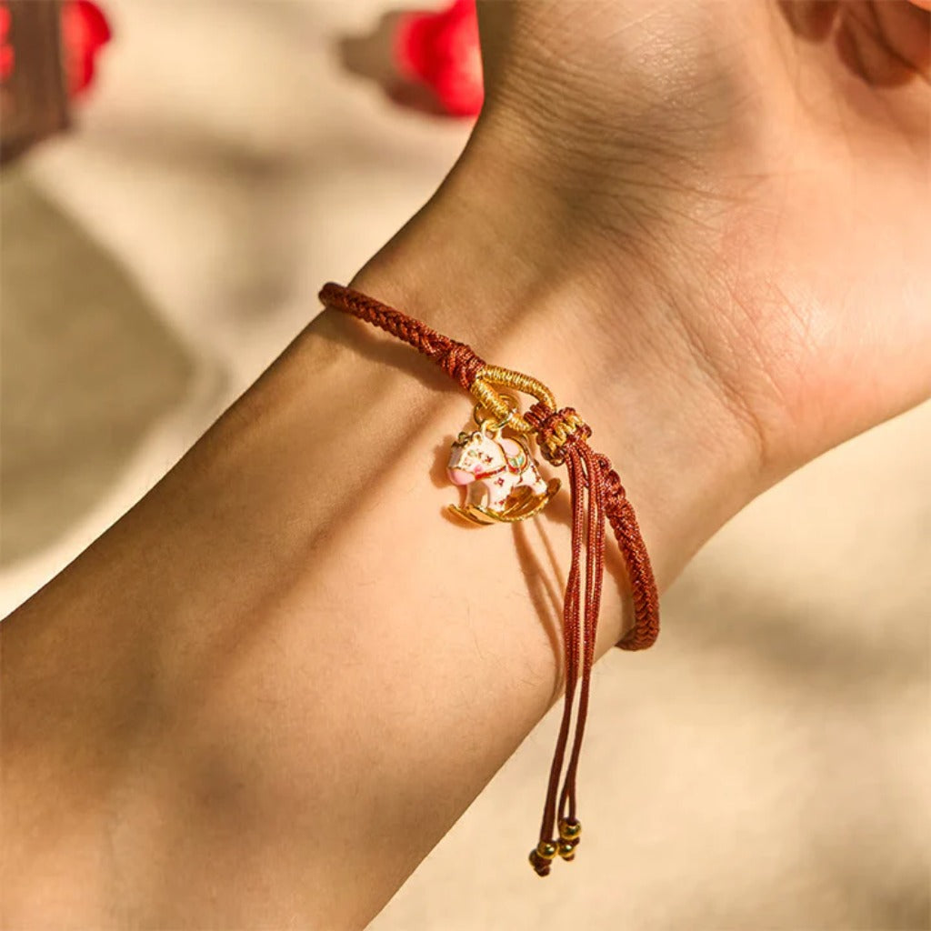 Adjustable Handmade Woven Bracelet with Drip-Glazed Sand Gold Horse Charm | Zen Ara Grove
