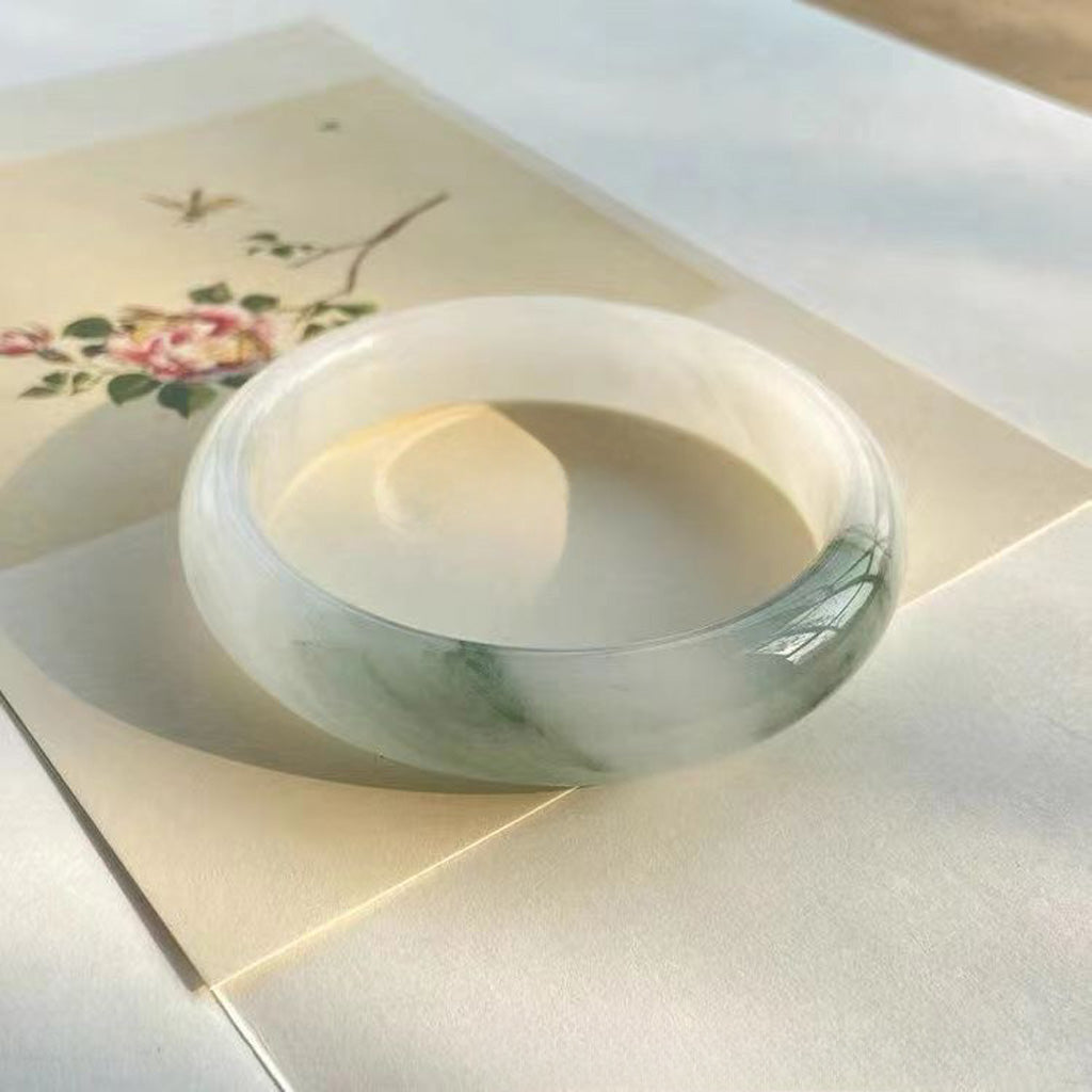 Misty Mountain Jade Bangle – Whisper of Serenity and Harmony in White & Green | Zen Ara Grove