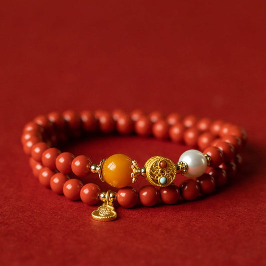 Double-Layer Cinnabar Mala · Golden Heart Inlay