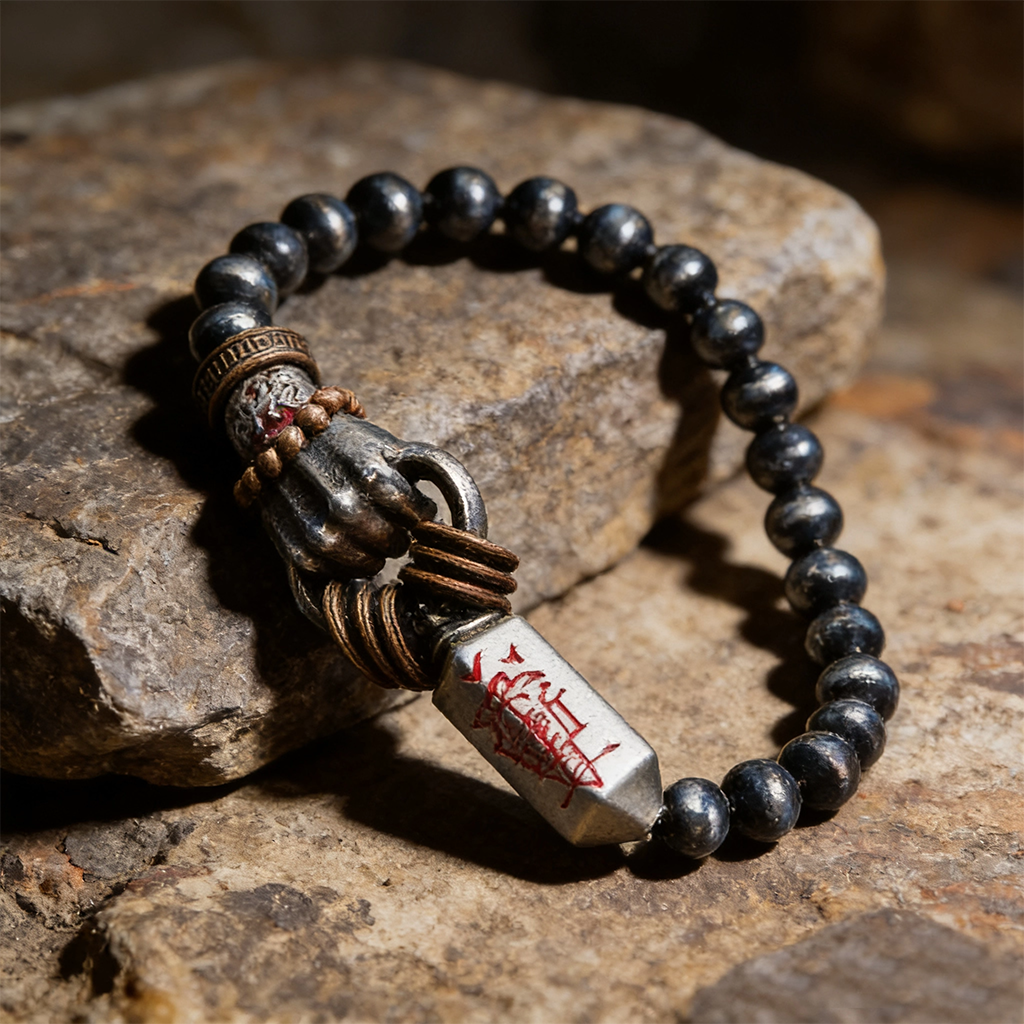 Taoist Ziwei Engraved Dagger Bracelet – Beidou & Nandou Stars, Fire Wrist, 14 Beads | Zen Ara Grove