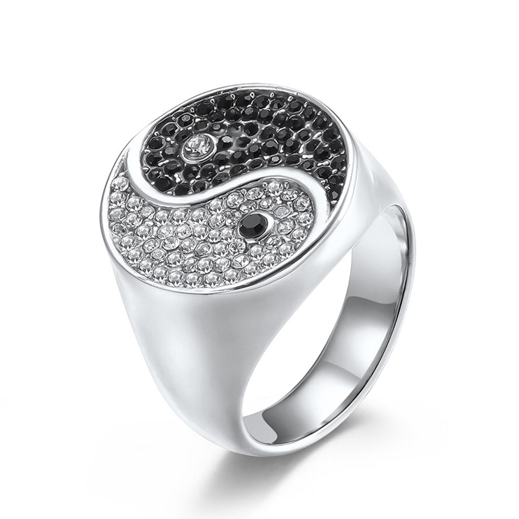 Yin-Yang Titanium Steel Ring – Black & White CZ, Symbol of Balance | Zen Ara Grove