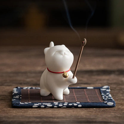 Mini Lucky Cat Kitten Tea Pet Ceramic Home Desk Figurine Decoration With Bamboo Mat| Zen Ara Grove